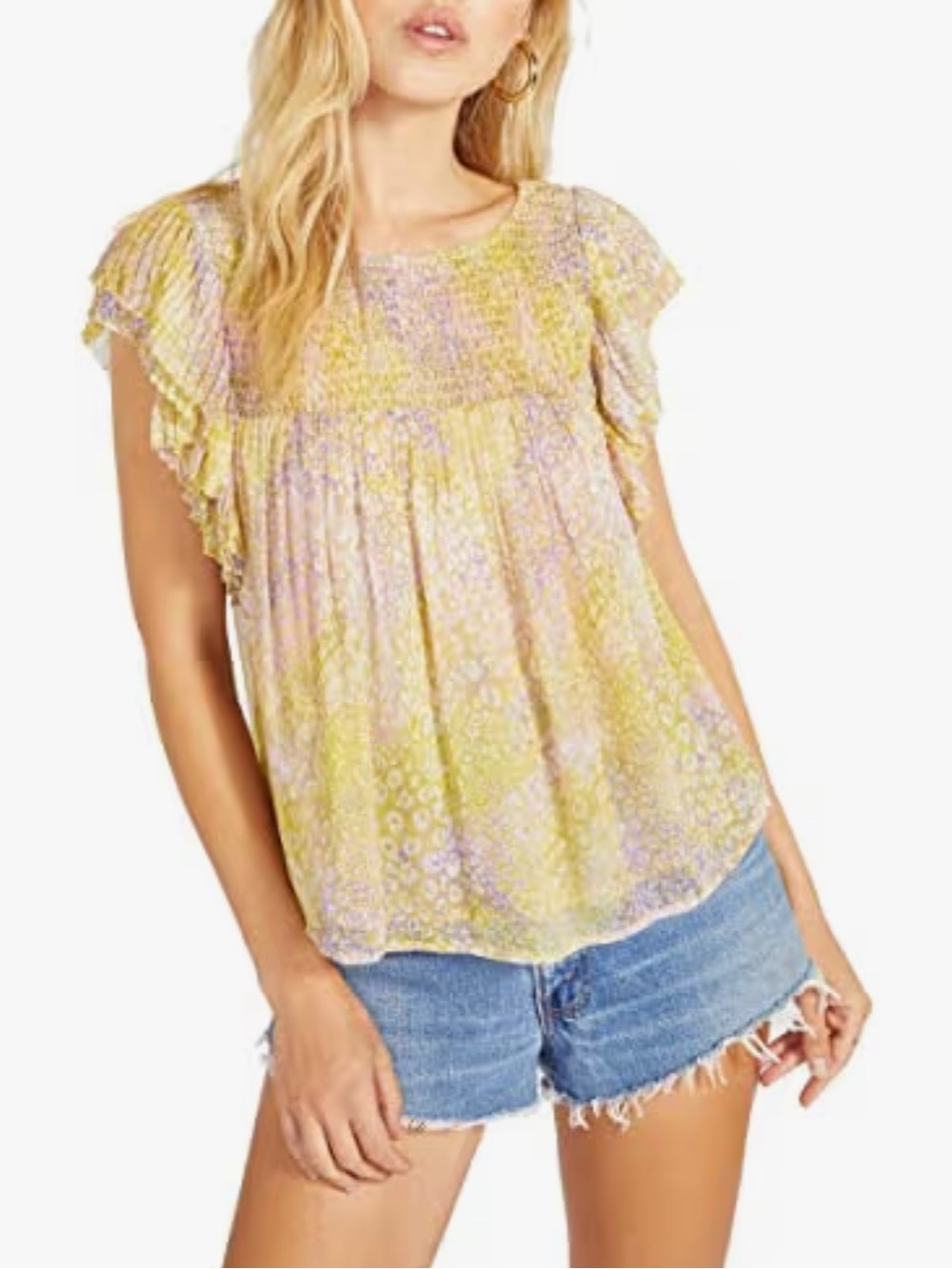BB DAKOTA Yellow Flutter Sleeves Your Dreams Smocked Top Women’s Size Small